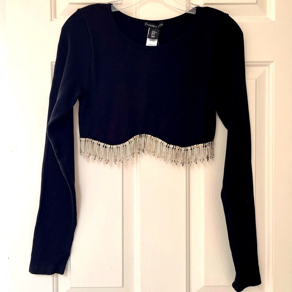 NWT Sincerely Jules Black Beaded Fringe Crop Top S/M - Picture 2 of 10